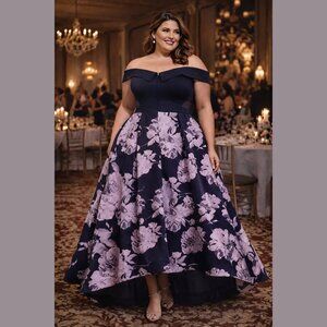 Xscape 16W Plus Size Off-Shoulder Gown Navy Purple Floral High-Low Formal Dress